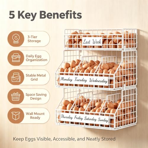 Egg Holder Countertop, Large 3T Chicken Egg Basket for Gathering Fresh Eggs | Egg Storage Organizer with Adjustable 5 Divider & Label, Stackable Wall Mounted Egg Collecting Basket Rack, XXL White - color: 3T XXL White