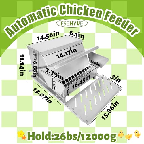 Automatic Metal Treadle Feeder 26lbs Capacity No Waste Automatic Chicken Feeder Galvanized Steel Large Metal Poultry Feeder Outdoor Coop Food Dispenser with Rain Cover