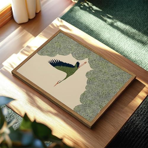 Japanese Crane Wall Art, Vintage Japan Bird Wall Decor Painting Rustic Green Flying Crane Poster Canvas Prints Picture for Bedroom Living Room Farmhouse 16x24 inch Wood Framed - color: Animal-L, size: 24"L x 16"W