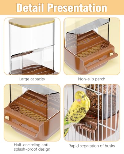 BNOSDM No Mess Bird Automatic Feeder Bird Cage Feeders Parrot Cage Accessories Transparent Seed Food Container with Perch for Finches, Parakeets, Budgies, Lovebirds, Cockatoos, Canaries (Brown) - color: Brown