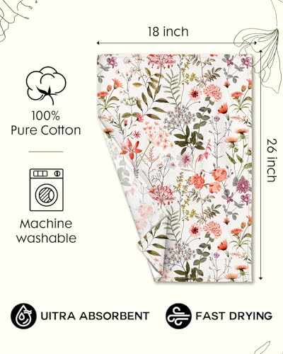 150GSM Flour Sack Kitchen Towels Set of 2, Flower Shrubs | 18"x26", Lightweight, Lint-Free, Pure Cotton, Decorative, with Hanging Loop, Absorbent, Softer after Wash, Giftable Package - color: Flower Shrubs