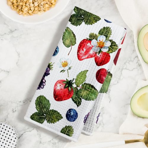 2 Pcs Strawberry Kitchen Towels, Summer Fruits Seamless Pattern Hand Towels | Strawberry Gifts for Women Mom Grandma, Absorbent Microfiber Dish Cloth Tea Towel for Kitchen Home Decor 24x14 Inch - color: Multi 1382