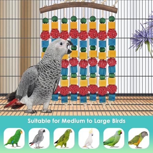 DBNESS Large Parrot Toys, 17.7 inch Multicolored Natural Wooden Blocks Beads Rattan Balls, Bird Chew and Hanging Tearing Toys for Large Medium Birds Macaws African Grey Cockatoos Amazon Parrots - style: Large Birds 8 strings