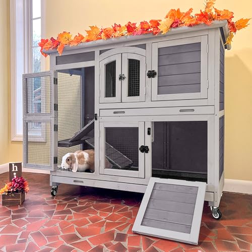 2-Tier Indoor Rabbit Hutch Bunny House Guinea Pig Cage with Sliding Plastic Trays, Wheels & Ramp, 47.2" Multi-Door Wooden Small Animal Cage for Rabbits, Bunnies, and Guinea Pigs (Grey) - color: Grey
