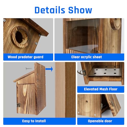 2PCS Bird Houses for Outside – Carbonized Bluebird Houses for Outside With Round Entry Hole & Perch， Features Clear View Window & Predator Guard， Perfect for Bluebirds, Finches, Swallows & More