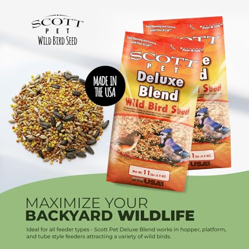 Scott Pet Wild Bird Seed, Deluxe Blend, 11lb, High Protein & Fiber | No dust. Attracts Juncos, Jays, Finches, Grosbeaks, Nuthatches & Titmice. All feeders.