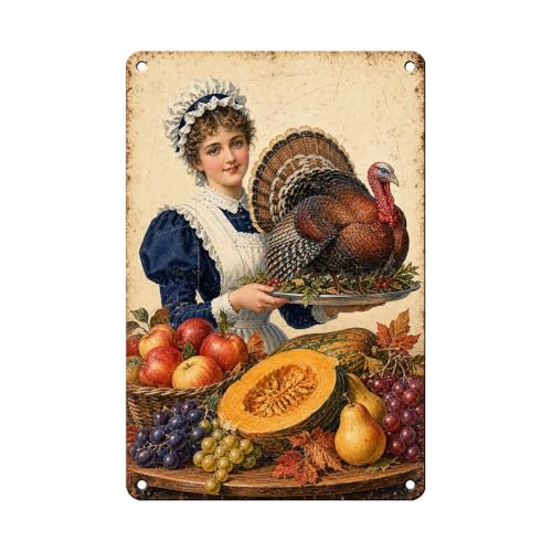 Vintage Thanksgiving Pilgrim Girl Turkey Pumpkin Tin Sign Harvest Wall Decor for Kitchen Dining Room Living Room Porch Entryway and Farmhouse Home Decor 12 * 8In - color: Vintage Thanksgiving Tin Sign 16, size: 20X30cm(12*8in)