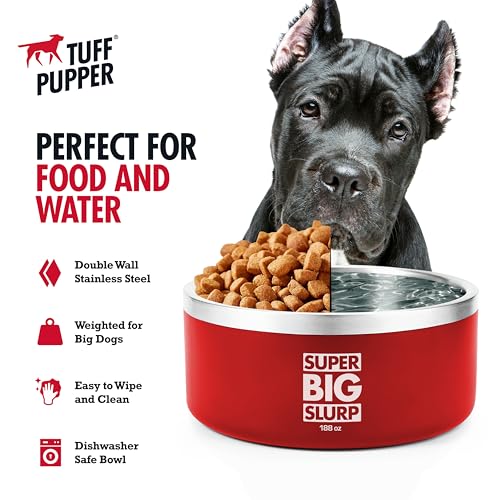Tuff Pupper Heavy Duty Insulated Dog Bowl | Double Wall Stainless Steel Dog Food Dish | Non-Slip Spill Proof Dishwasher Safe Cat Bowl | Water Dish for Feeding Large Medium Small Pets (188oz, Red) - color: Crimson Red, size: 188oz