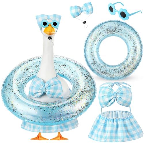 Bikini Porch Goose Outfits with Sunglasses and Swimming Tube for 23" Summer Goose Costume Garden Patio Statue Decor(Blue Plaid) - style: Blue Plaid