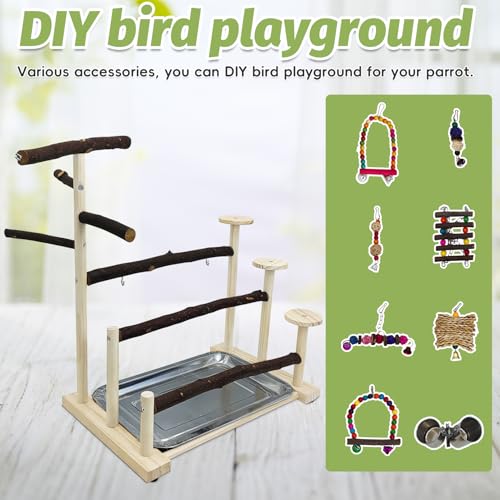 PINVNBY Bird Playground 9 PCS Parrot Perch Stand Play Gym Cockatiel Wood Bird Toys Birds Cage Accessories Playpen with Feeder Cups Hanging Swing Toys for Parakeet Conure Lovebird Cockatiel - size: Three Floors With Chew Toys