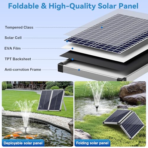 55W Solar Fountain Pump for Outdoor Pond, 480GPH Solar Pond Pump with Dry-Run Protection, Solar Powered Water Pump with PVC Tubing, 17Ft Cord for Ponds, Garden, Waterfall, Hydroponics - size: 55W