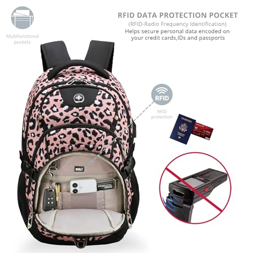 Swissdigital Laptop Backpack with USB Charging Port, Travel Backpack Fits 15.6 inches Computer, 31L Backpack for Women, Pink Leopard | SD803-102 - color: Pink Leopard