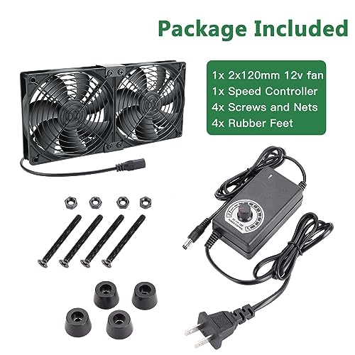 2 x 120mm 240mm Computer Fan with AC Plug, 110V - 240V AC Powered Fan with Variable Speed Controller for Receiver Cabinet Chassis Machine Server Workstation Cooling - size: 9.5x4.7x1.0in