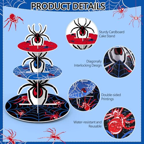 3 Tier Spider Cupcake Stand Spider Birthday Party Decorations Cupcake Tower Hero Theme Cake Holder Hero Dessert Holder Table Display for Birthday Baby Shower Party Supplies - style: Spider