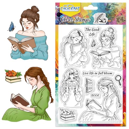 CHGCRAFT Book Woman Clear Stamps Elegant Lady Reading Transparent Handicraft Stamps for DIY Scrapbooking Photo Album Decorative, 6.3x4.3inch - style: Book and Woman