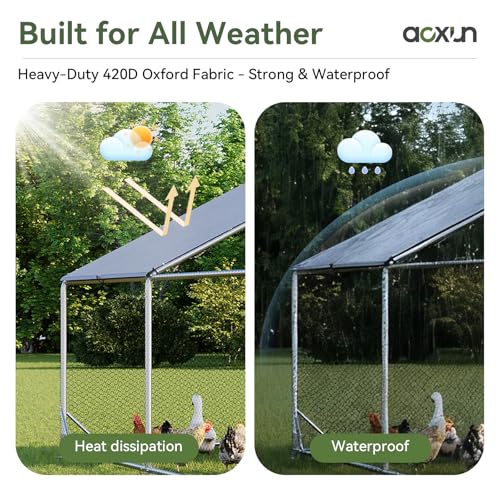 Aoxun Metal Chicken Coop, Outdoor Chicken Runs for Yard with Cover, Spire Roof Hen House Enclosure with Security Lock, Walk-in Cage Peak Hen House for Yard Farm (10x6.5x6.4 FT) - size: 120.0"L x 77.0"W x 76.8"H