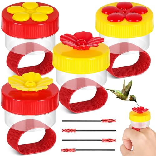 Handheld Hummingbird Feeders with Cleaning Brush, 4-Pack, Mini Hand Feeder | Mini Flower Hand Held Hummingbird Feeder Ring for Window Outdoor Wild Perch Feeding, Plastic Hummingbird Feeders