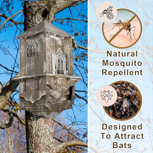 VIREESR Large Bat House for Outdoors,4-Chamber Castle Bat Box,200-Capacity | Cedar Wooden Bat House, Bat Boxes for Outside for Tree, 4 Chamber Attract Bats for Natural Mosquito, Distressed Wood - size: XL Distressed Wood
