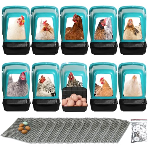 Chicken Nesting Boxes 10 Pack with Egg Roll Out, Plastic Chicken Laying Boxes for Chicken Coop, Wall Mounted Hen Nesting Box for Chickens & Poultry, Durable, Easy to Install & Clean, Green - color: Green, size: 10 Pack