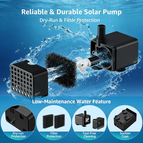 Solar Fountain Pump for Bird Bath, 2.5W Solar Water Pump with Dry-Run Protection, 5 Spray Modes & 4ft Hose, Adjustable Ground Stake for Garden Small Pond Fish Tank DIY Water Feature - size: 2.5W