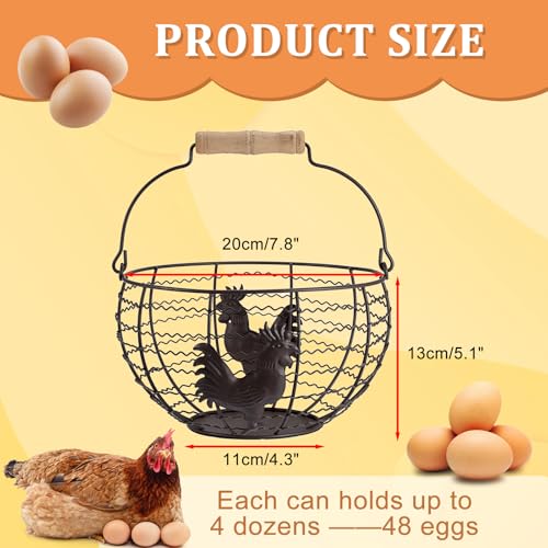 Farmhouse Egg 8'' Basket for Gathering Fresh Eggs, Wire Egg Basket | Chicken Eggs Holder for Countertop Kitchen, Wire Basket with Wood Handle, Vintage Style, Round, Rooster Pattern, Solid Bottom - size: 1 PACK