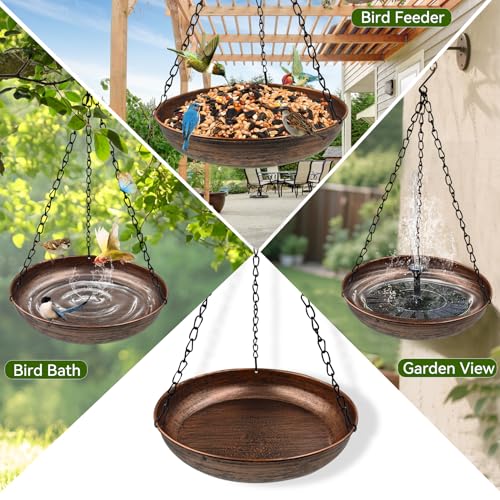 10" Compact Metal Hanging Bird Bath with Chains | 1.6" Deep Bowl, 0.4Gal Capacity, 3 Chain Support, Easy Cleaning, Rust Resistant, Small Space Decor - size: 10"
