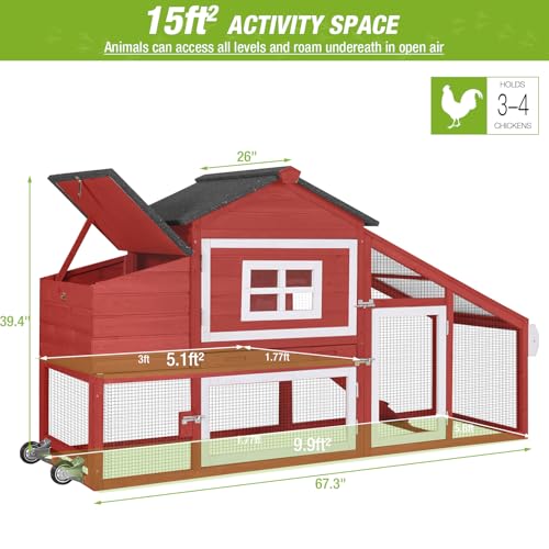 GUTINNEEN Chicken Coop Outdoor with Run Wooden Mobile Hen House with Wheels Poultry Cage with Nesting Box,Leakproof Pull-on Tray