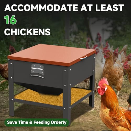 Metal Chicken Feeder with Waterproof Cover, Galvanized Steel Automatic Chicken Feeder, 80 lbs Large Capacity, No Waste Chicken Feeder with Portable Handles, Poultry Feeder for Chickens, Ducks - color: Orange