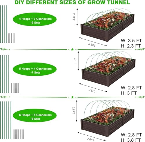 60pcs Garden Hoops for Raised Beds Wide, 8ft Greenhouse Hoops Grow Tunnel for Row Cover Netting, Adjustable Fiberglass Rust-Free Garden Bed Plant Hoops Support DIY Frame Stake for Outdoor, 40pcs Clips - size: 60PCS