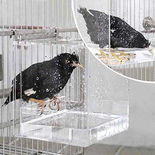 Bird Bath for Cage No-Leakage 6.4inch x 6.4inch Acrylic Clear Bird Bathtub Parrot Parakeets Shower Bird Feeder for Cage Bathtub Box for Small Bird Parrot with 4 Hooks - color: L-6.4INCHx6.4INCH