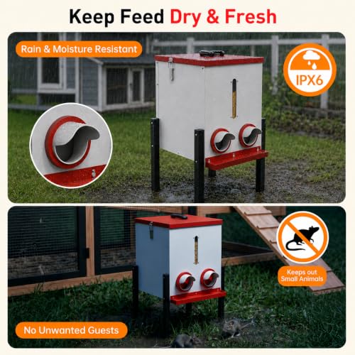 PETNF 55LB Automatic Chicken Feeder, 40L Metal No Waste Poultry Feeder with Rat-Proof Design, 4 Feeding Ports, Weatherproof Locking Lid, Height-Adjustable Legs for Chickens, Ducks and Geese
