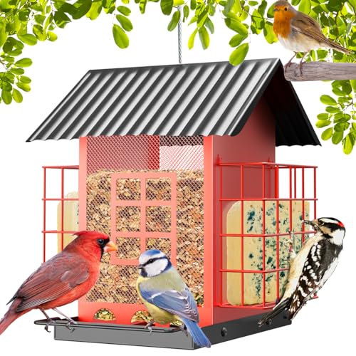 FlowaFoli Bird Feeders for Outdoors Hanging, Metal Bird Feeder with Double Suet Cage Cake, Large Capacity, Birdfeeders Sturdy & Weatherproof, Easy to Clean & Refill, Great for Attracting Wild Birds - color: Red