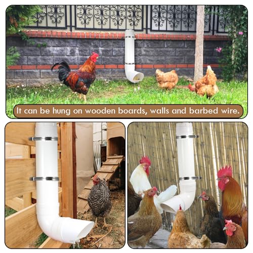 Kalakey Automatic Chicken Feeder, Hanging PVC Tube Chicken Coop Feeder with Chew Toy Bell, Holds 6lbs Feed for Hens Chicks, Grit and Oyster Shell Feeder