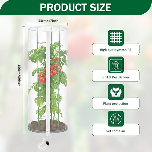 2PCS Garden Netting Plant Cover for Round Tomato Cage 59"x17" | Insect Bird Barrier, With Zipper and Drawstring, Tomato Planter Trellis Netting, For Vegetable Fruit Flower Protector