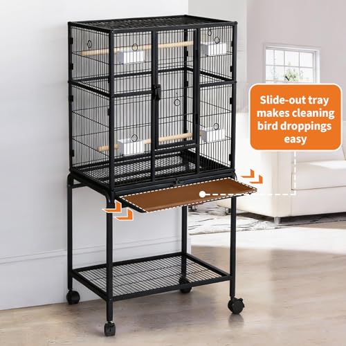62" Large Bird Cage, Parrot Bird Cage with Rolling Stand & Storage Shelf, Heavy Duty Wrought Iron Flight Cage, Secure Lock, Ideal for Parakeets, Parrots, Cockatiels, Conures, Lovebirds - size: 37.2"L x 30.3"W x 4.3"H