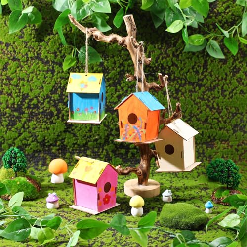DoubleFill 12 Pcs 4.33" Wooden Bird Houses Crafts Kit for Kids DIY Unfinished Hanging Birdhouse for Art Painting Wood Toys Boy Girl Class Back to School Classroom Project Parties Creative Activity