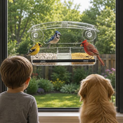 Window Bird Feeder Outdoor with 3 Feeding Compartments | Bird feeders with strong suction cups ，Squirrel Proof Clear Acrylic backyard birding & wildlife, Wild Bird Watching Gift