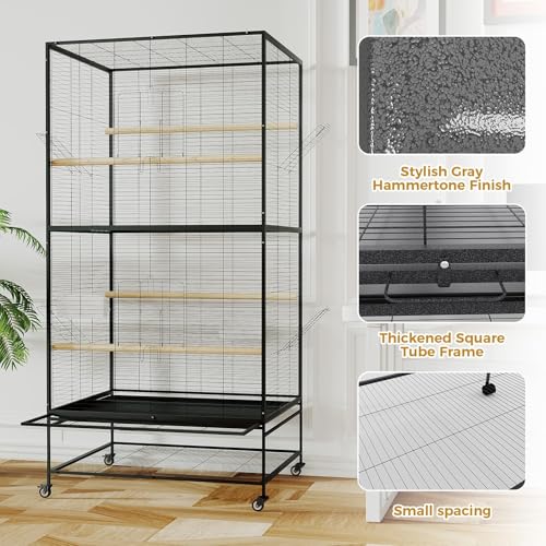 66-inch Wrought Iron Standing Large Parrot Parakeet Flight Bird Cage with Rolling for Small Parrot Sun Parakeet Green Cheek Bird Cage with Stand