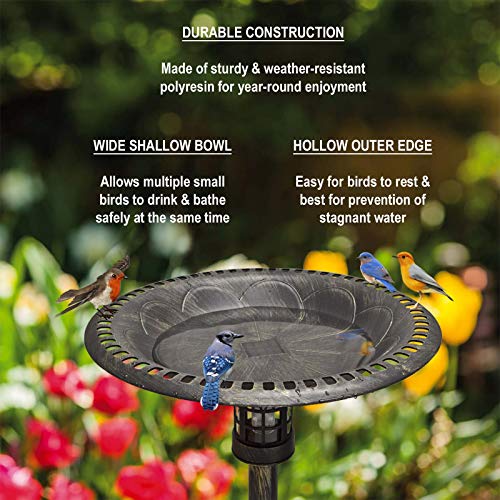 Westcharm 34 Inch Solar Powered LED Lighted Birdbath for Outdoors Yard Outside Outdoor Garden Decoration Pedestal Base Stand - Antique Brushed Bronze Polyresin Solar Bird Bath - color: Bronze, size: 34 Inch Tall