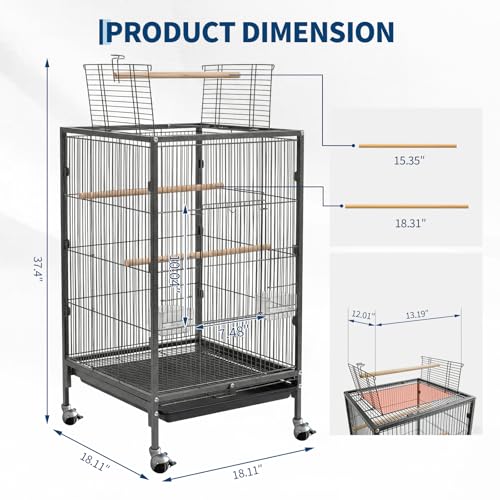 35" h Metal Bird Cage,Large Bird Cage with Play Open Top, Rolling Flight Cage Rolling for Parakeets, Canaries, Lovebirds, Small Quaker, Cockatiels, Budgies