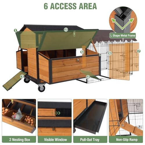 GUTINNEEN Large Chicken Coop with Run, Mobile Chicken Tractor for 6-8 Chickens, Upgraded Metal Frame Hen House with Wheels, 6 Nesting Boxes, Metal Pull-Out Tray, Asphalt Roof - size: 76.65"L x 53.81"W x 36.81"H