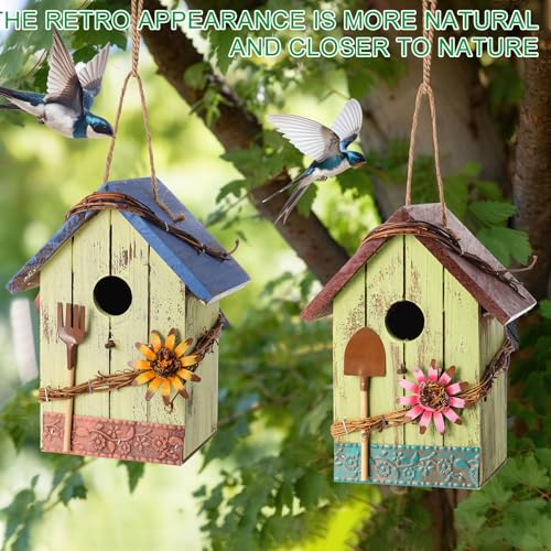 DoubleFill 2 Pcs Birdhouses for Outdoor Hanging Yard Outside Wooden Birdhouse Hand Painted Bird Box for Bird Lovers Bluebird Tree Garden Decor Decorative Birdhouse(Light Color,Wooden Roof) - color: Light Color, size: Wooden Roof