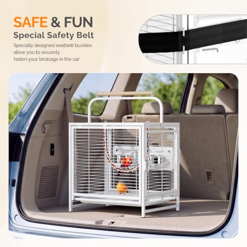 VINGLI Small Bird Cage, 19 inch Travel Carrier Bird Cage with Handle, Wrought Iron Parakeet Cage with Wooden Perch for Parrot Lovebirds Finches Small/Medium Birds (White) - color: White