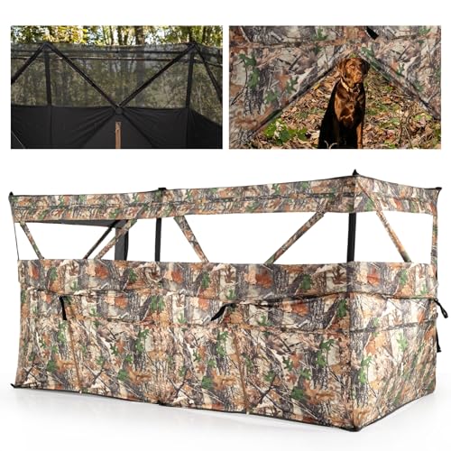 Tangkula 4-Panel Hunting Blind with Dog Door, 1-3 Person Pop-Up 3-Sided 360° See Through Ground Blind with Resilient Oxford Fabric, 4 Silent Windows, Carrying Bag for Deer & Turkey Hunting