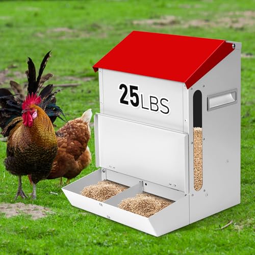 Automatic Chicken Feeder 25lb,Outdoor Galvanized Metal Poultry Feeder No Waste Rat Proof Feeder Trough with Lid Hanging Chicken Feeder Dispenser for Quails,Bantams, Ducks and Turkey