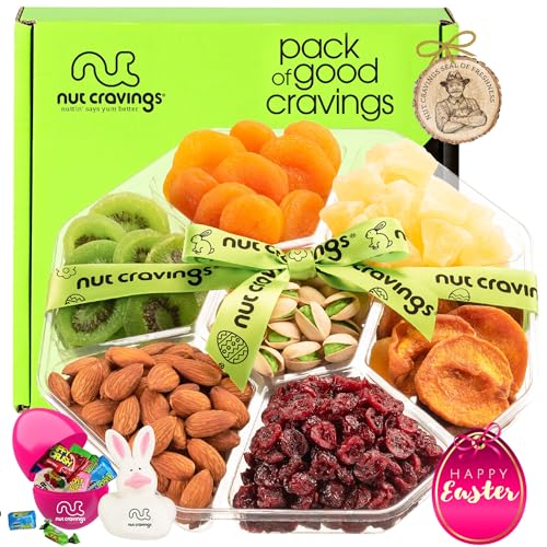 NUT CRAVINGS Gourmet Collection - Easter Treats, Candies & Dried Fruit Nuts Gift Basket with Happy Easter Ribbon, Candy Filled Egg + Bunny (7 Piece Assortment) - style: 1. Easter - Deluxe (7 Piece Assortment)