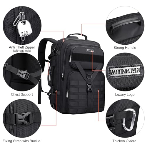 WITZMAN Travel Backpack for Men 45L Convertible Bag Fits 17" Laptop | Large Nylon Carry on Luggage Bag, 3 in 1 Laptop Backpack Airline Approved, For Weekend Getaway, Overnight Trip, B688 Black - color: Black