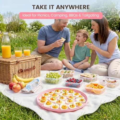 HANSGO Deviled Egg Containers with Lid, 3 PCS Deviled Egg Platter Carrier | Deviled Egg Trays with 66 Slots for Party, Home Kitchen, Easter, Thanksgiving and Other Festival, Pink - color: 3pcs Pink