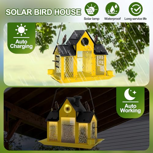 Solar Bird Feeders for Outdoors Hanging, Bird Houses for Outside | Yellow,Wild Metal Bird Feeder,7LBS Large Capacity with Water Cup,Squirrel Proof Cardinal Bird feeder,Gift for Bird Lovers - color: Yellow