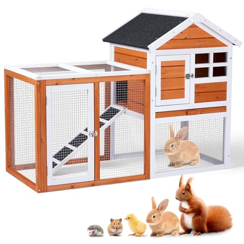 Outvita Rabbit Hutch, Small Wood Chicken Coop, 48" w/Pull-Out Tray | Guinea Pig Cage , Waterproof Asphalt Roof, Chicken Run, Interactive Door for Small Animal Pen Outdoor